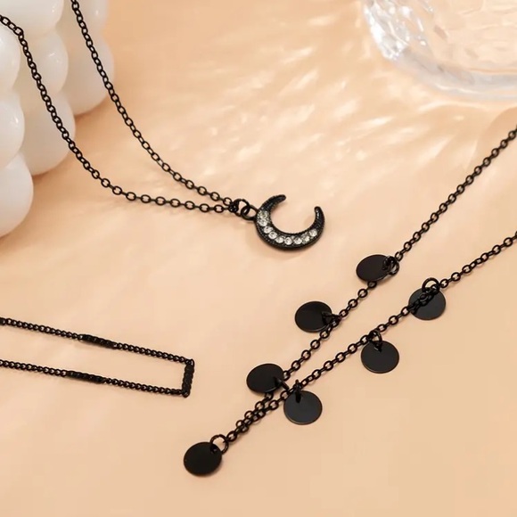 Edgy Black Diamond Crescent Moon Necklace Set - Picture 4 of 5
